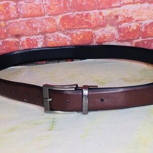 Kenneth Cole Reaction Brown Leather Dress Belt with Brushed Metal Buckle